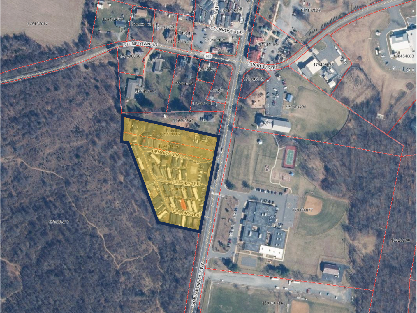Map highlighting the three Hiway MHP parcels along Demory Terrace and James Monroe Highway in Lucketts.