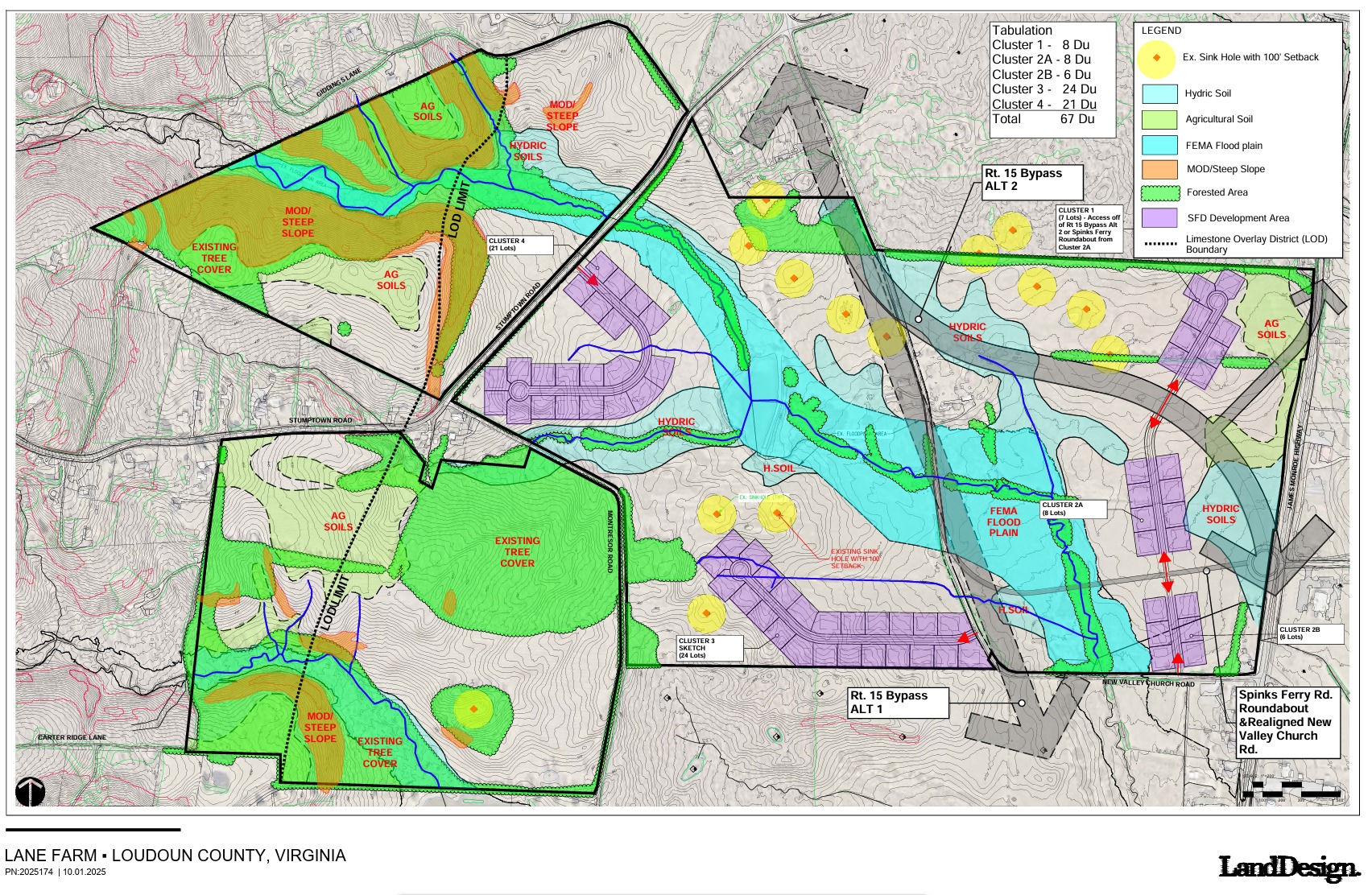 Lane Farm Concept Plan showing clusters, soils, floodplain, sinkholes, and Bypass Alternatives 1 and 2