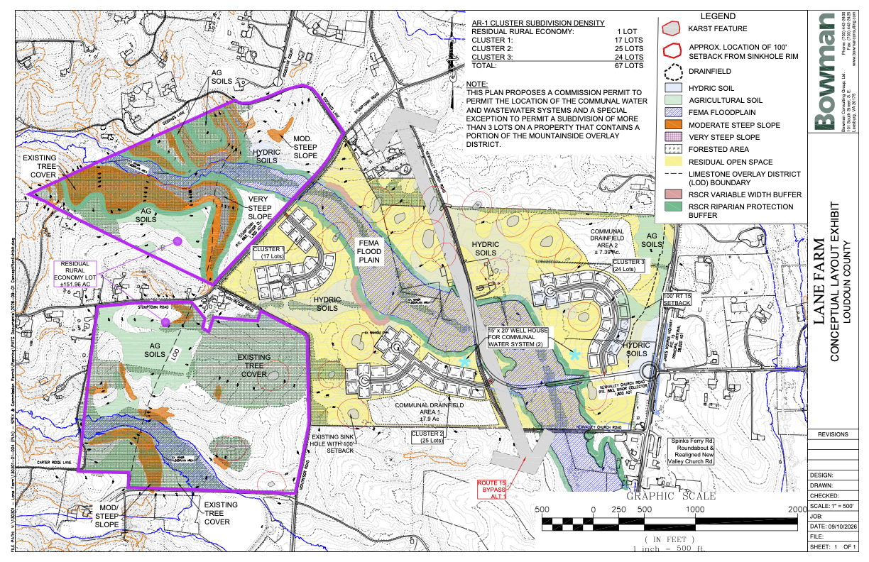 September 2026 Lane Farm Concept Plan showing three residential clusters, communal drainfields, environmental constraints, and Route 15 Bypass Alternative 1